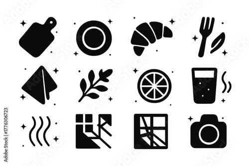 Culinary Icon Grid. Window Light on Food. Solid icons set of Window Light on Food: cutting board, plate, pastry, fork, linen napkin, herb sprig, citrus slice,