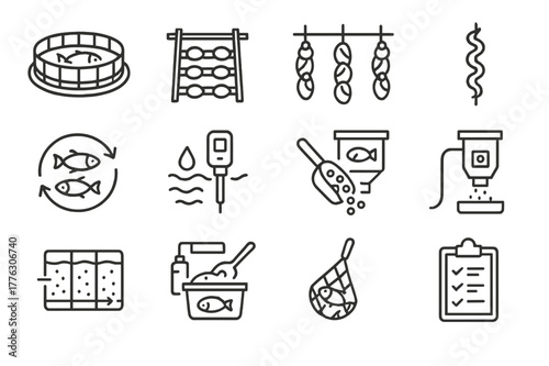 Sustainable Aquaculture Icons. Sustainable Aquaculture. Line icon set of Sustainable Aquaculture: fish farm pen, oyster rack, mussel longline, seaweed rope,