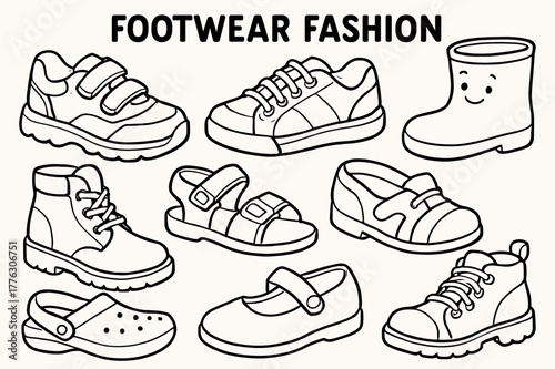 Children's Shoe Coloring. Footwear fashion children?s coloring book illustration, outlined drawing, cheerful