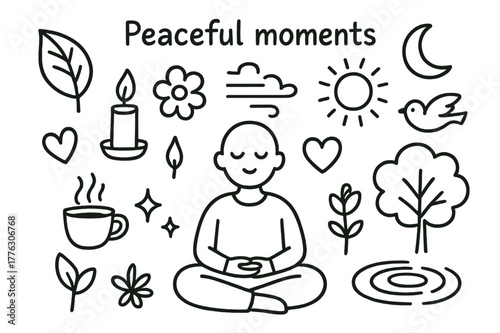 Peaceful Meditation Icons. Peaceful moments. Hand-drawn doodle illustration peaceful moments person meditating, leaf, candle, flower, heart, cloud, sun, breeze
