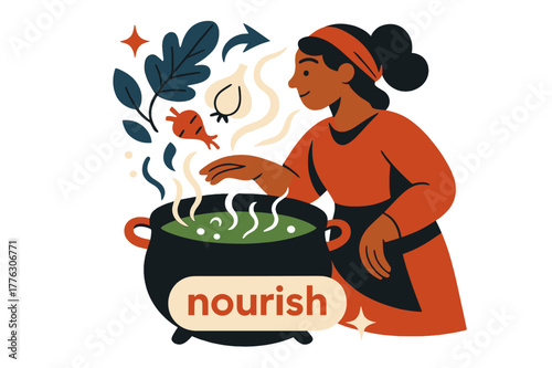 Herbal Stew Simmer. Keeper of the Hearth ? Herbal Stew. Leaves, garlic, and root icons swirl into a simmering pot; aroma lines curl like music. Label