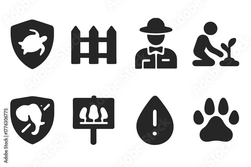 Conservation Icons Set. Conservation efforts. Filled icon set of conservation efforts: protected animal, fence