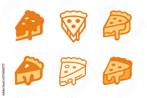 Cheese Quiche Logos. Cheese quiche. Set Logo of Cheese quiche: melting cheese slice on crust. harmonious logo variations of the same emblematic concept, each