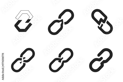 Diverse Chain Logos. Supply chain loss. Set Logo of Supply chain loss: severed link in chain. harmonious logo variations of the same emblematic concept, each