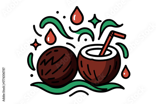 Coconut Hydration Art. Coconut energy. Two coconuts ? one whole, one with a straw ? surrounded by glowing