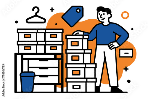 Efficient Storage Illustration. Maximized space. Shelving units with stacked boxes, drawers, and abstract