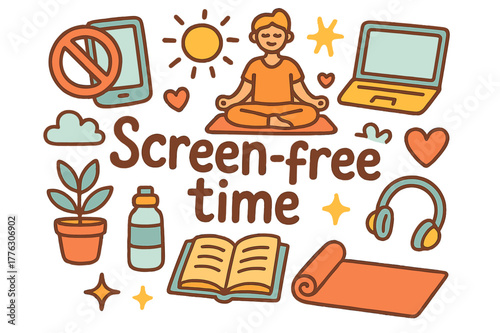 Screen-Free Time Doodle. Screen-free time. Hand-drawn doodle illustration of screen-free time. Smartphone,
