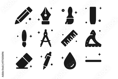 Drawing Tools Icons. Drawing Tools. Solid icons set of Drawing Tools: pencil, pen nib, brush tip, charcoal stick, blending stump, compass, ruler, protractor,