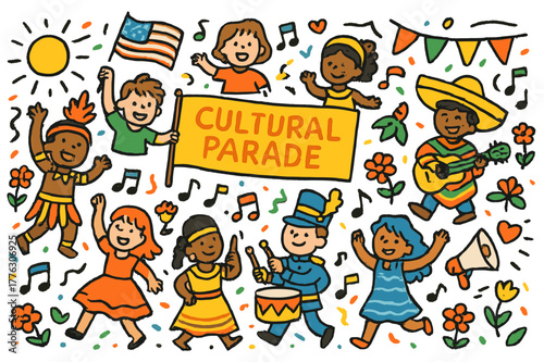Vibrant Cultural Parade. Cultural parade. Colorful Hand-drawn doodle Children illustration Cultural parade flags, drums, costumes, marching band, banners,