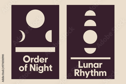 Bauhaus Night Banners. Night Architecture. Two vertical A6 banners with safe margins, centered composition, no elements touching edges, bauhaus, plum and