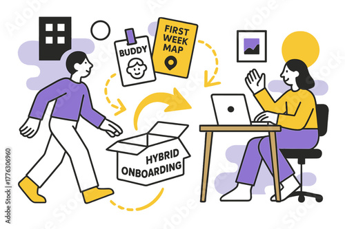 Hybrid Onboarding Kit. Hybrid Onboarding. Welcome kit floats from office to a home desk; badges read ?buddy?, ?first week map?. Warm arrows guide the new hire