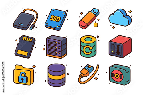 Colorful Data Storage Icons. Digital data storage. Colorful isometric vector icons set of Digital data storage: external hard drive, SSD, USB flash drive,