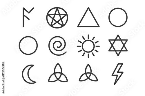 Mystical Rune Symbols. Mystical runes. Line icon set of mystical runes: elder futhark rune, pentagram, triangle symbol, circle symbol, spiral, sun symbol, moon