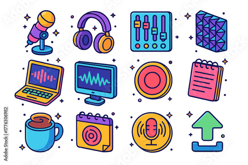 Podcast Icon Collection. Podcast creator. Colorful isometric vector icons set of podcast creator: microphone, headphones, audio mixer, soundproof foam, laptop,
