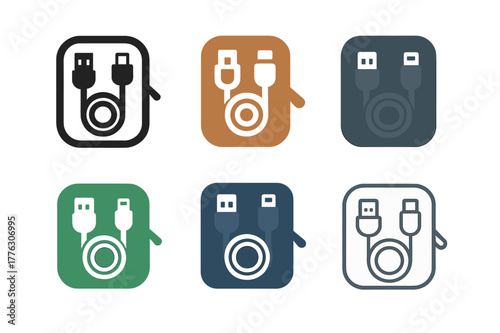 Travel Cable Kit Logos. Travel cable kit. Set Logo of Travel cable kit: zip pouch with neatly wound leads. harmonious logo variations of the same emblematic