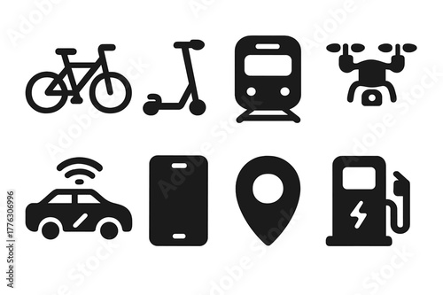 Urban Mobility Icons. Urban mobility. Filled icon set of urban mobility: e-bike, scooter, subway, drone, car
