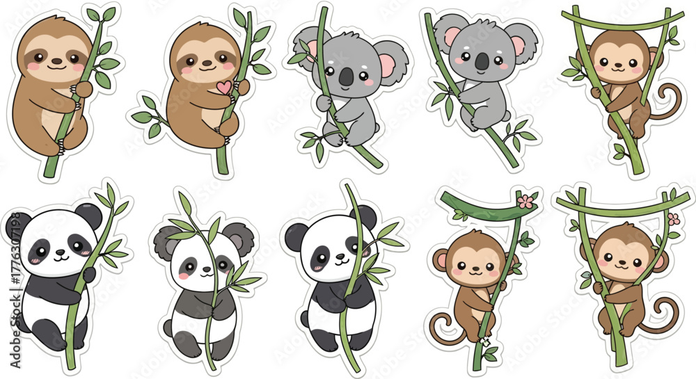 Obraz premium Cute jungle animals stickers set cartoon vector illustration isolated design