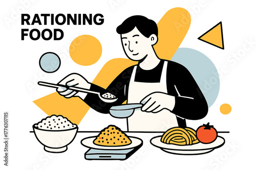 Measuring Food Portions. Rationing Food. Person measuring portions of food with floating abstract geometric shapes and soft light accents, careful