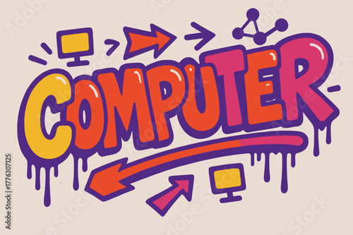 Computer Graffiti Art. Graffiti Simplified ? "Computer" in thick bubble letters, tilted dynamic layout, dripping outlines, flat spray fills, arrows, mini