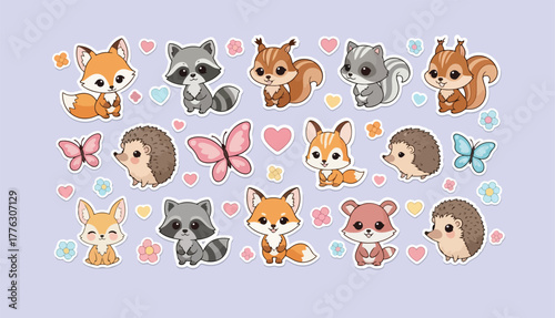 Cute forest animals stickers set cartoon vector illustration isolated design