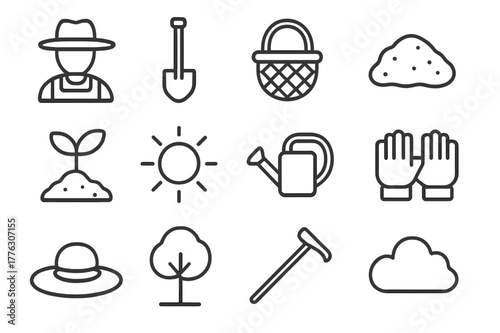 Agriculture Icon Set. Agriculture start. Line outline icon set of agriculture start: farmer, shovel, basket,