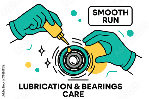 Smooth Bearing Precision. Lubrication & Bearings Care. Hands in gloves applying a precision oil drop to a spinning bearing, tiny sparkles showing smooth