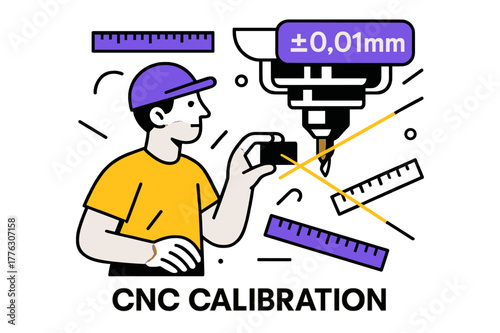 CNC Precision Mastery. CNC Calibration. Operator holding a gauge block while a router head glows ??.01mm?. Floating rulers and laser lines emphasize precision.