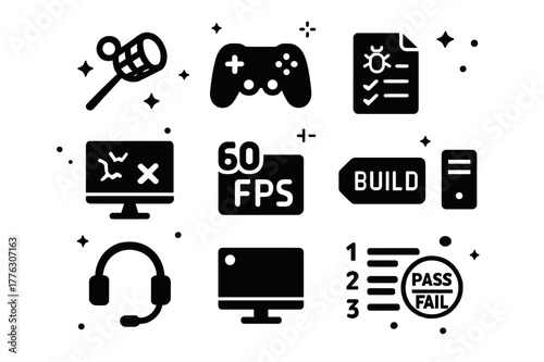 Game Testing Icons. Video game testing. Solid icons set of video game testing: bug net, game controller, test case checklist, bug report, crash screen, FPS