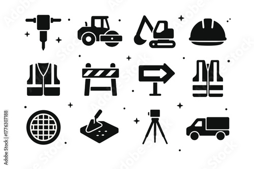 Roadwork Icons Set. Roadwork and maintenance. Solid icons set of Roadwork and maintenance: jackhammer, road roller, excavator, hard hat, safety vest,