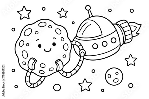 Spacecraft Docking Fun. Spacecraft docking at asteroid children?s coloring book illustration, outlined drawing, gentle clamp arms from a ship holding an