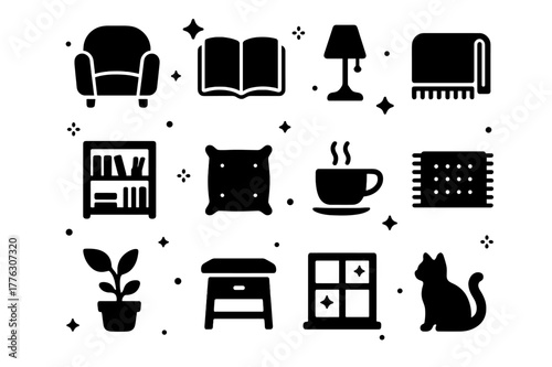 Cozy Reading Icons. Quiet Reading Space. Solid icons set of Quiet Reading Space: armchair, book, lamp, blanket, bookshelf, cushion, coffee cup, rug, plant,