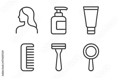 Minimalist Logo Grid. Personal Appearance. Set Logo of Personal Care Collection: Minimal outline, Negative space, Flat solid, Symmetrical form, Stylized