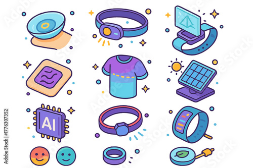 Future Wearable Icons. Future wearable concepts. Colorful isometric vector icons set of Future wearable concepts: smart contact lens, neural
