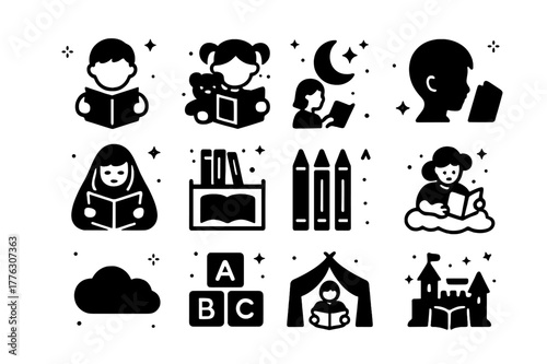 Children's Reading Icons. Children Reading. Solid icons set of Children Reading: storybook, teddy bear, stars, moon, child silhouette, blanket, bookshelf,
