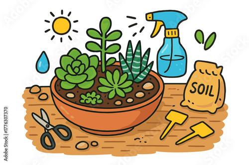 Colorful Succulent Doodle. Succulent arrangement. Colorful Hand-drawn doodle Children illustration Succulent arrangement echeveria rosette, jade plant, zebra