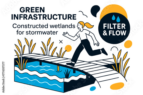 Wetland Water Management. Green infrastructure ? Constructed wetlands for stormwater. Reeds sway around boardwalks; water levels mark neat tiers in a cutaway.