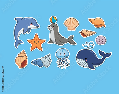 Sea Life Cartoon Stickers Aquatic Animals Ocean Isolated Set Drawings Vector