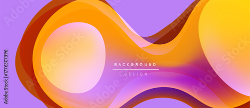 Abstract fluid shapes, vibrant orange, yellow hues over lilac background. Modern design elements create dynamic visual flow.