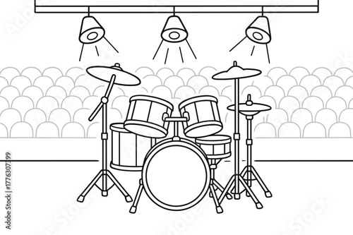 Children's Drum Kit Illustration. Drum kit on stage children?s coloring book illustration, outlined drawing, a simple drum set centered under lights with an