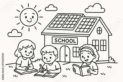 Solar-Powered School Illustration. Solar-powered school children?s coloring book illustration, outlined drawing, a school building with rooftop panels and