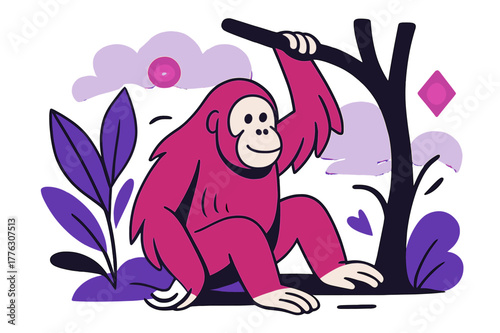 Orangutan Geometric Art. Endangered Species. Orangutan in the rainforest with floating abstract geometric shapes and soft glowing accents, rare and gentle