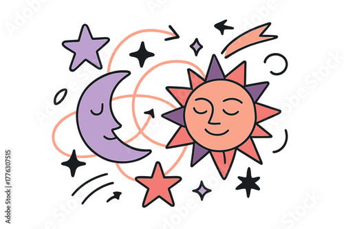 Cosmic Celestial Dance. Celestial harmony. Stylized sun, moon, and stars forming an abstract cosmic pattern,