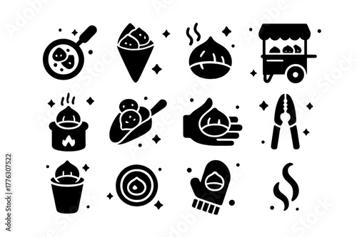 Roasted Chestnut Icons. Roasted Chestnuts. Solid icons set of Roasted Chestnuts: chestnut pan, chestnut cone bag, steaming chestnut, street cart, charcoal