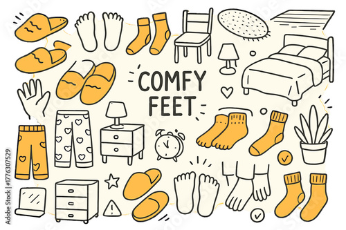 Cozy Bedroom Essentials. Comfy feet. Hand-drawn doodle illustration slippers (colored), feet (colored), hands (colored), socks (colored), chair (colored), cozy