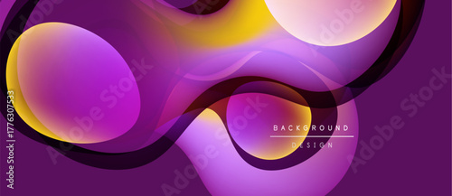 Abstract fluid shapes, vibrant purple, gold hues. Modern design, smooth gradients create dynamic composition. Background suggests elegance, sophistication.