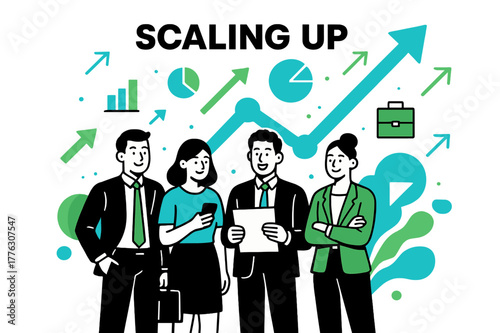 Dynamic Business Growth. Business expansion. A team of professionals standing in front of a growing graph with