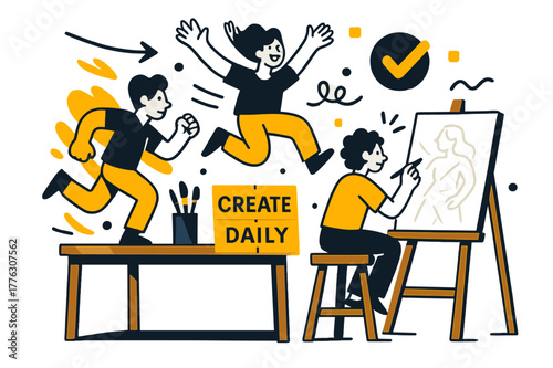 Dynamic Studio Workspace. Studio workspace. Sunlight rakes across a tidy desk with brushes in a jar; sticky notes spell ?Create daily?. A stool waits beside a