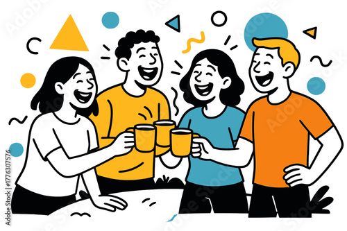 Cheerful Coffee Clink. Laughing in a Group. People outdoors clinking coffee cups and laughing with floating abstract geometric shapes, cheerful and social