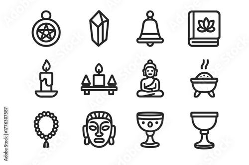 Spiritual Artifacts Icons. Spiritual artifacts. Line outline icon set of spiritual artifacts: amulet, crystal,