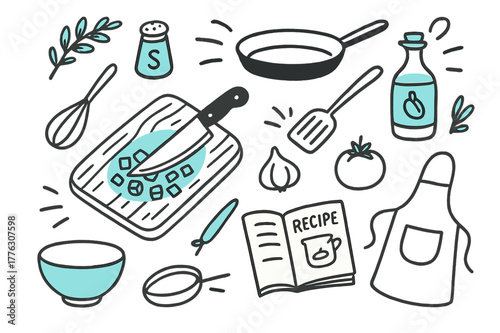 Kitchen Prep Doodles. // Kitchen preparation. Hand-drawn doodle illustration kitchen preparation [chopping board (accented), knife, diced vegetables